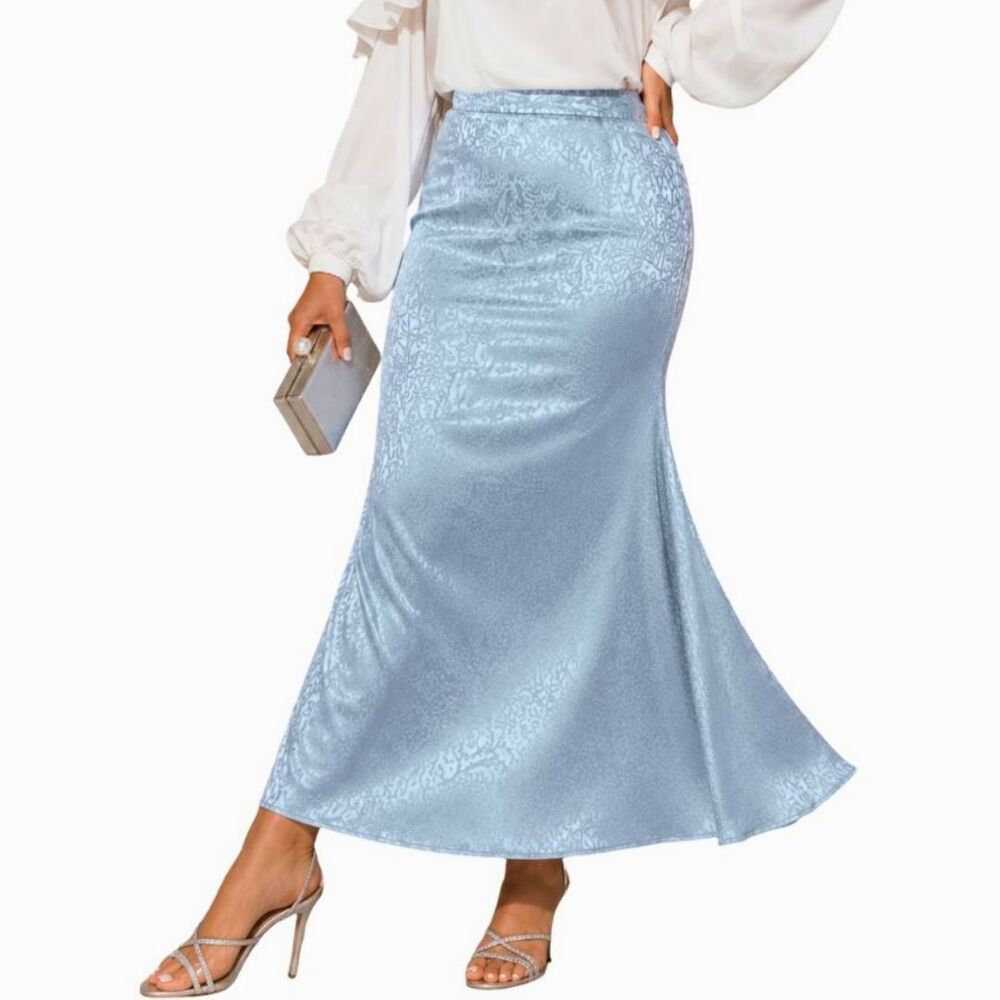 Vintage Y2K Satin Mermaid Maxi Skirt 14 Floral Jacquard Blue Cottagecore Formal